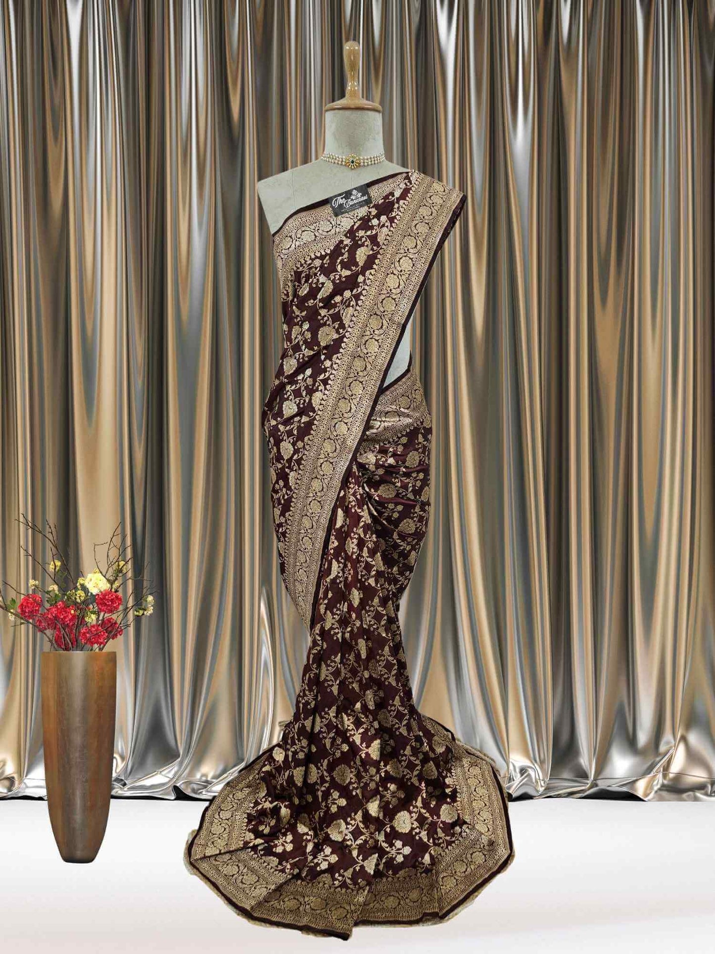 Mannequin wearing Umber Brown Katan Silk Handwoven Banarasi Saree with Gold Zari Work - Full View