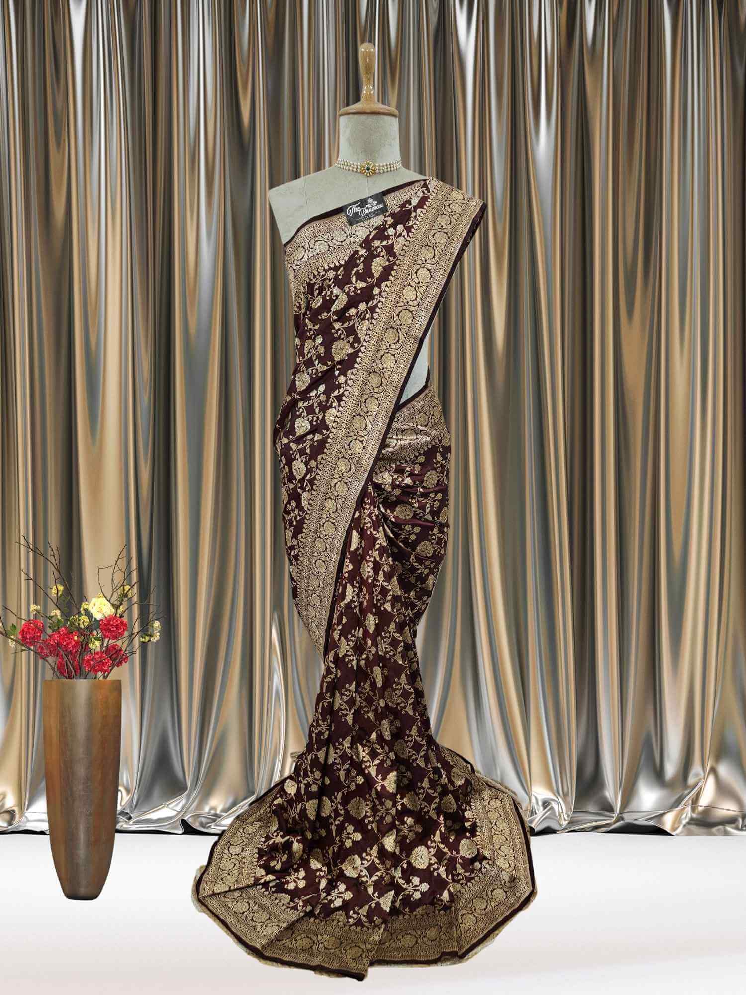 Mannequin wearing Umber Brown Katan Silk Handwoven Banarasi Saree with Gold Zari Work - Full View