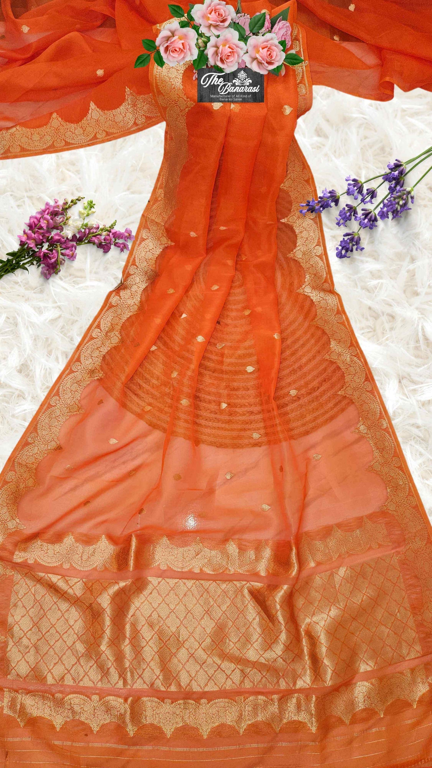 Orange Pure Kora Silk Sona Roopa Banarasi Handloom Saree