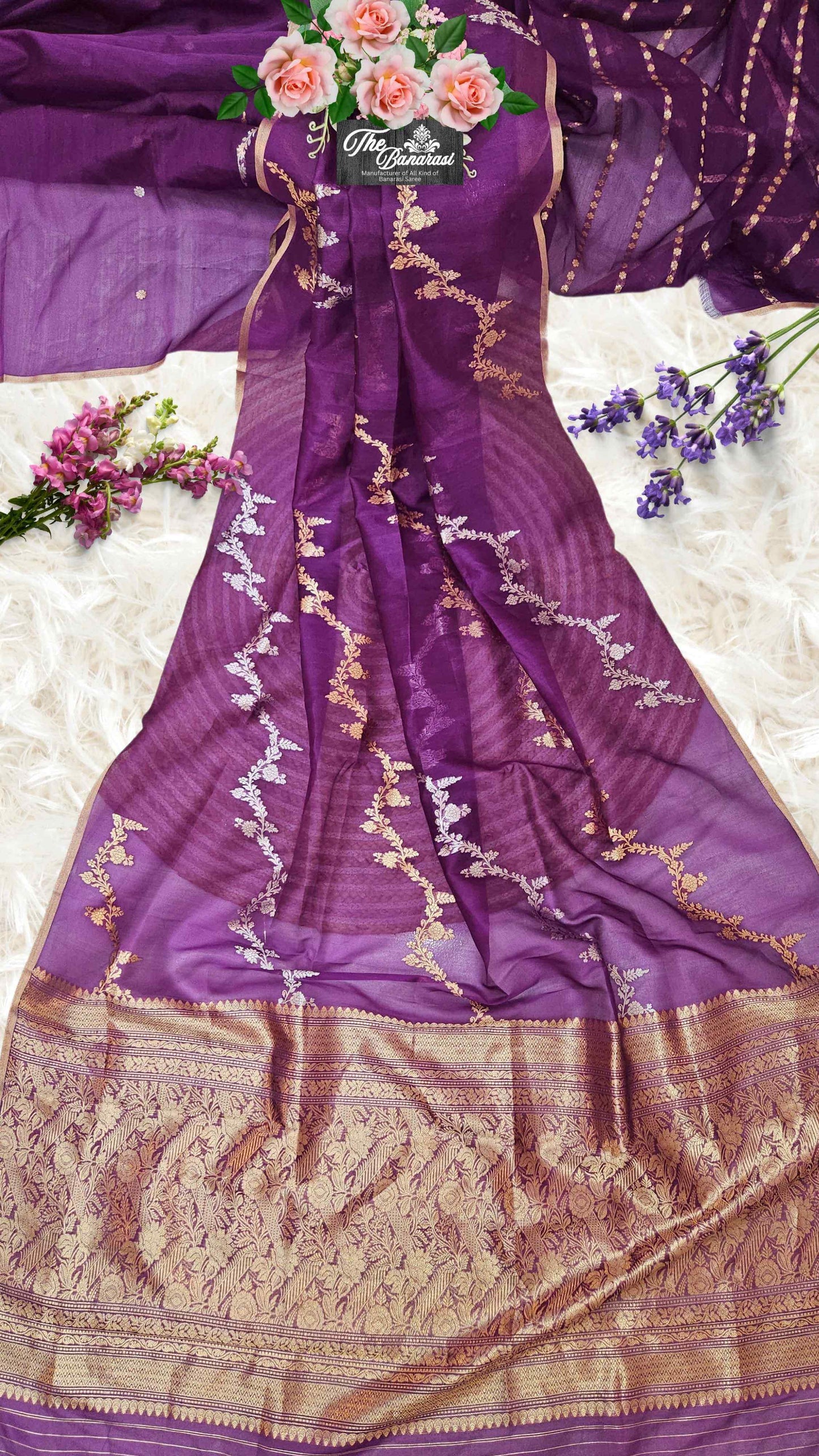 Palatinate Purple Pure Kora Silk Water Zari Banarasi Handloom Saree