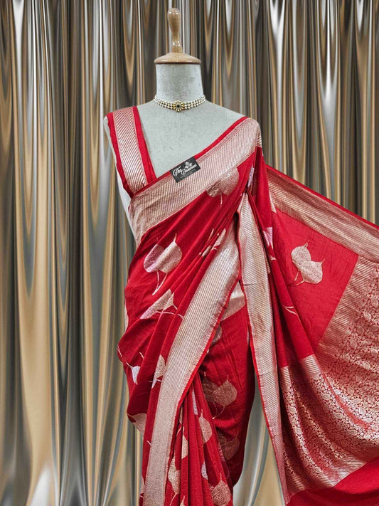 Blood Red Pure Moonga Georgette Water Zari Banarasi Handloom Saree