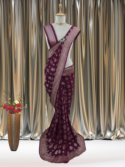 Wine Color Pure Moonga Georgette Water Zari Banarasi Handloom Saree