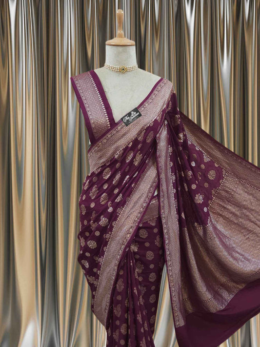 Wine Color Pure Moonga Georgette Water Zari Banarasi Handloom Saree