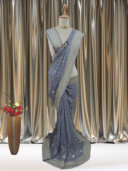Grey Pure Moonga Georgette Water Zari Banarasi Handloom Saree