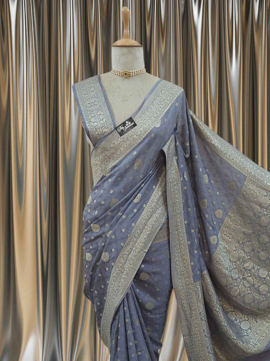 Grey Pure Moonga Georgette Water Zari Banarasi Handloom Saree