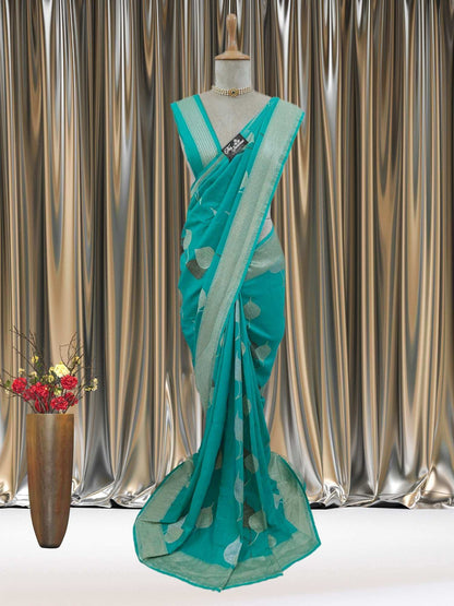 Sky Blue Pure Moonga Georgette Water Zari Banarasi Handloom Saree