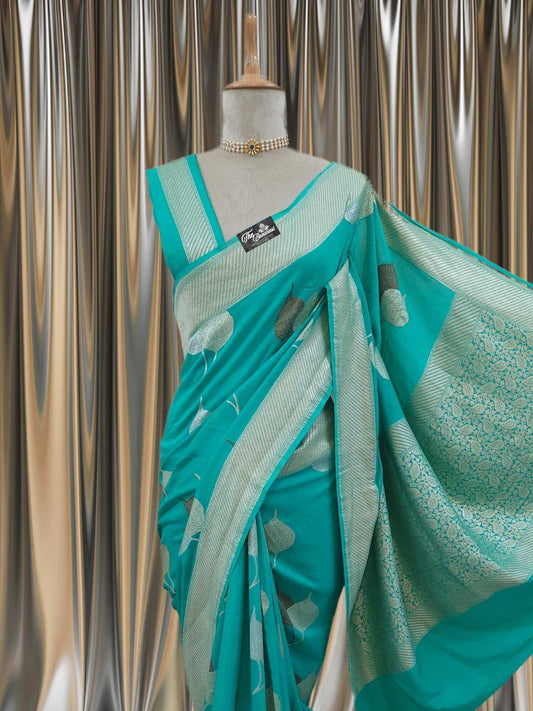 Sky Blue Pure Moonga Georgette Water Zari Banarasi Handloom Saree