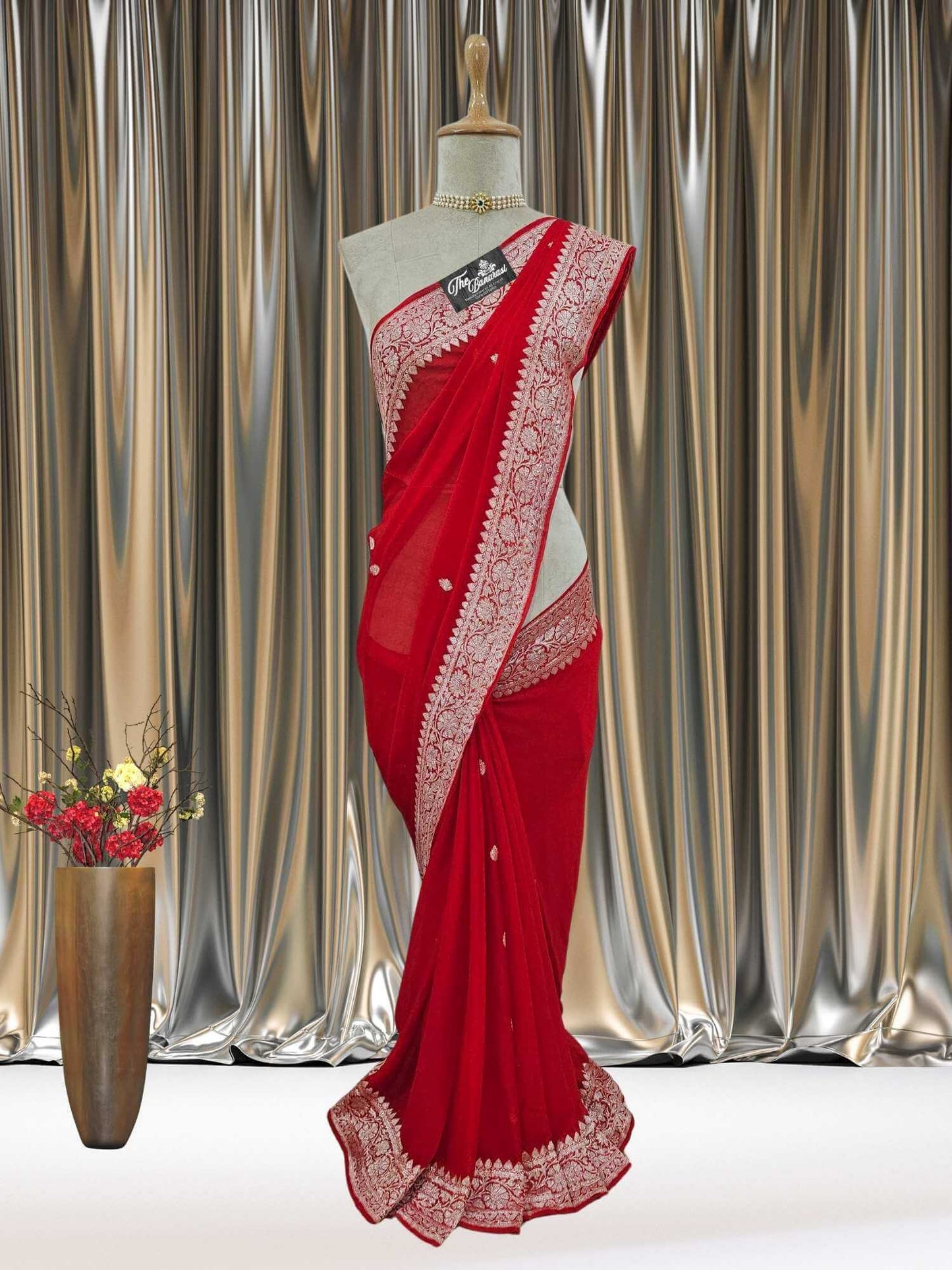 Mannequin wearing Elegant Red Handcrafted Khaddi Georgette Banarasi Saree with Silver Zari Work - Full View