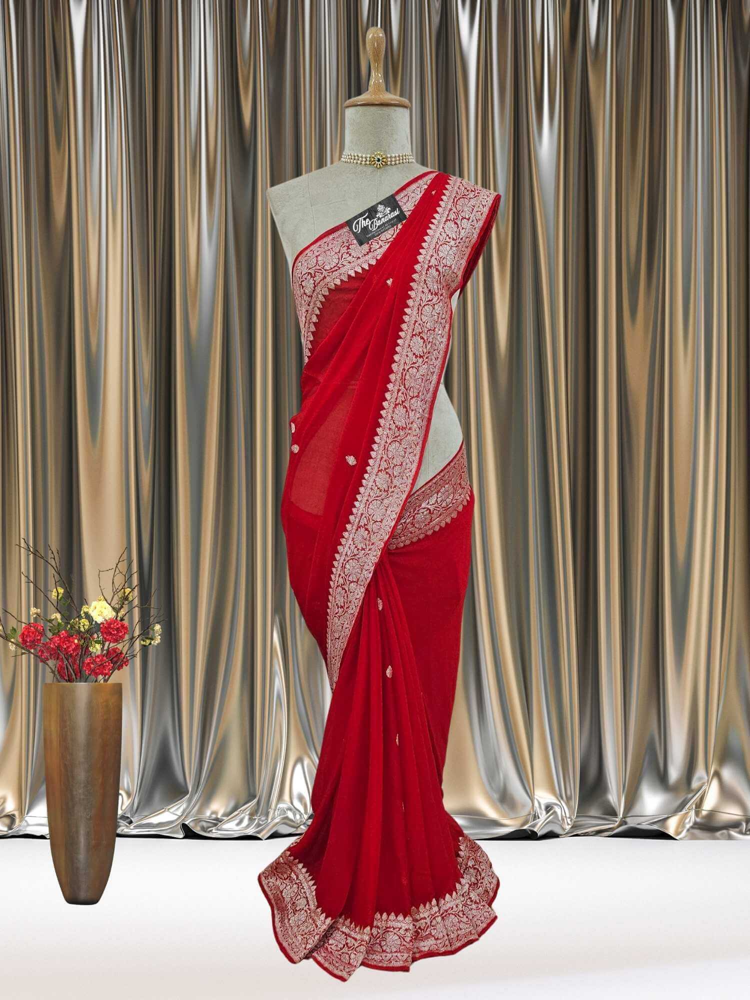 Mannequin wearing Elegant Red Handcrafted Khaddi Georgette Banarasi Saree with Silver Zari Work - Full View