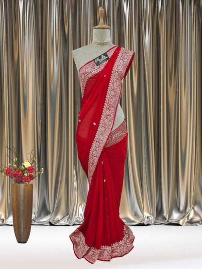 Mannequin wearing Elegant Red Handcrafted Khaddi Georgette Banarasi Saree with Silver Zari Work - Full View