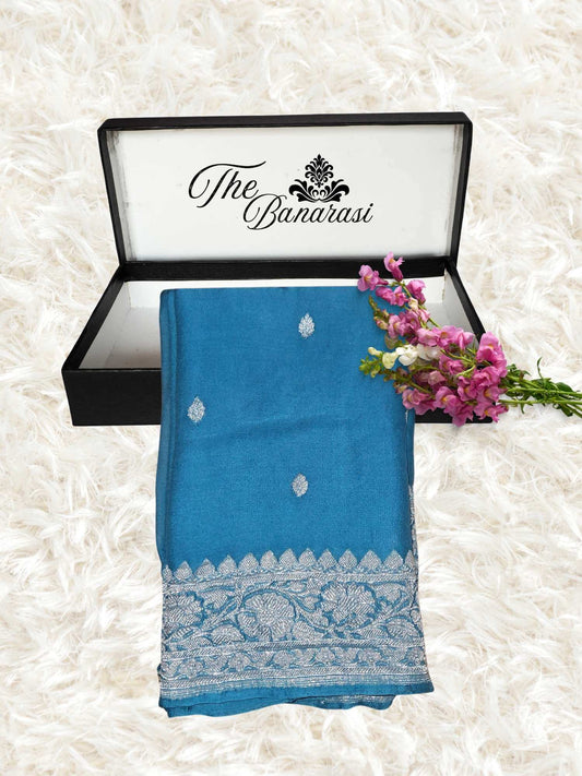 Elegant Arure Blue Handcrafted Khaddi Georgette Banarasi Saree with Silver Zari Work - Partial View