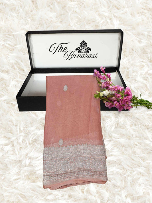 Elegant Peach Handcrafted Khaddi Georgette Banarasi Saree with Silver Zari Work - Partial View