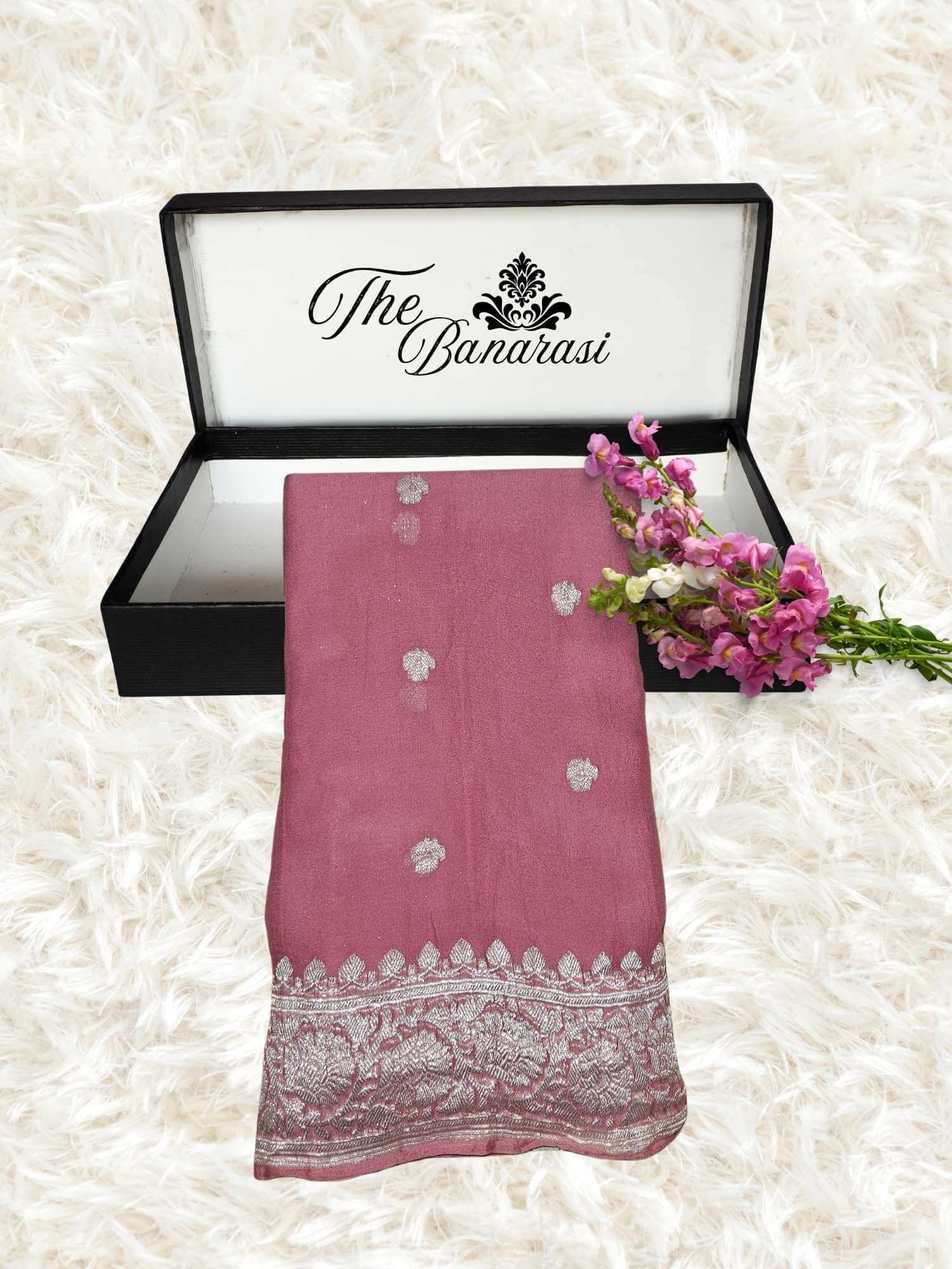 Elegant Rouge Pink Handcrafted Khaddi Georgette Banarasi Saree with Silver Zari Work - Partial View