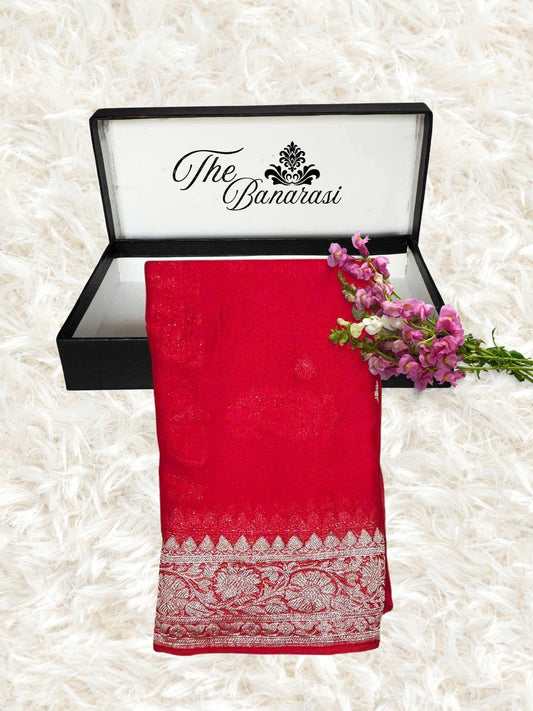 Elegant Red Handcrafted Khaddi Georgette Banarasi Saree with Silver Zari Work - Partial View