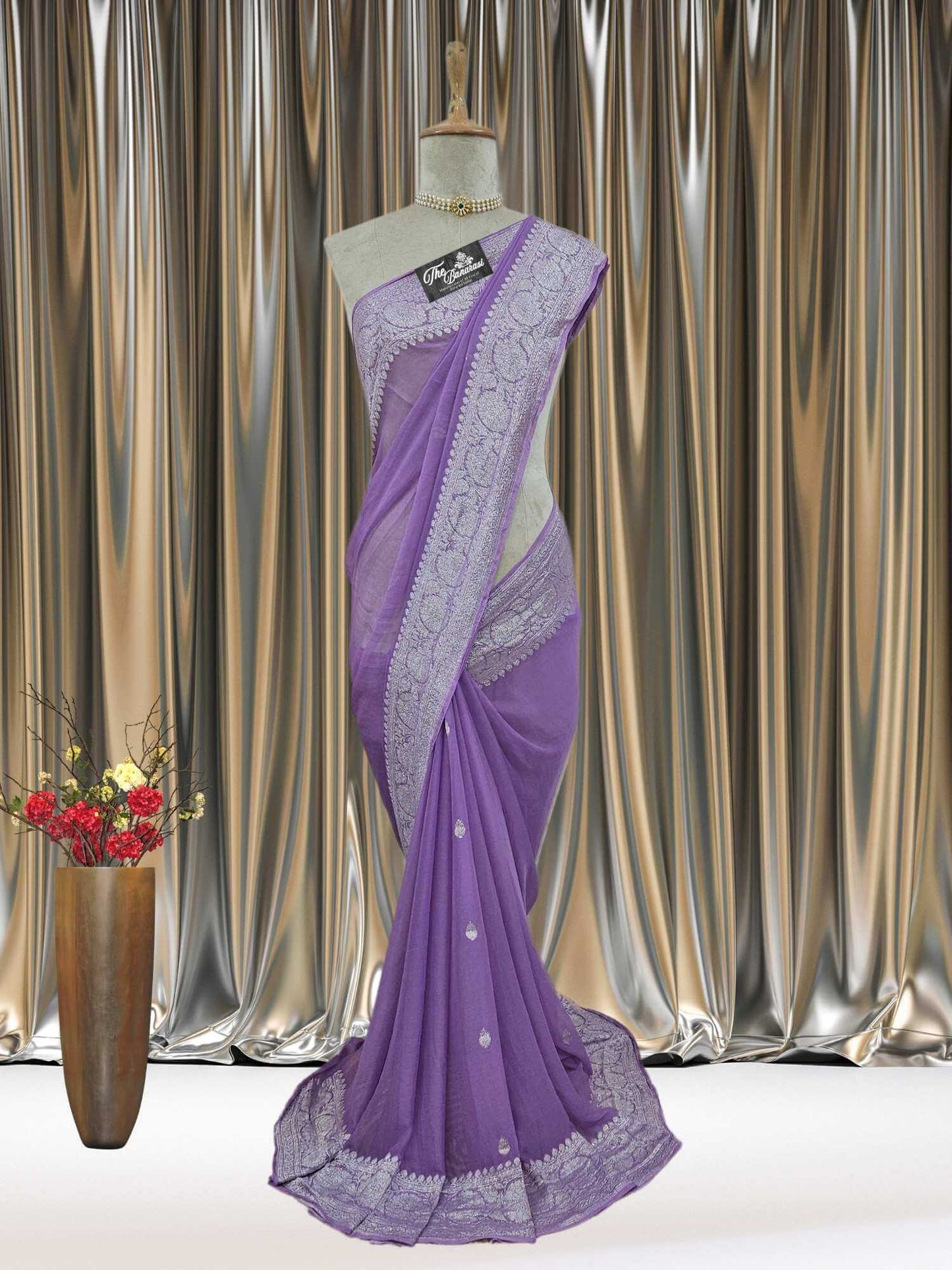 Mannequin wearing Elegant Iris Purple Handcrafted Khaddi Georgette Banarasi Saree with Silver Zari Work - Full View