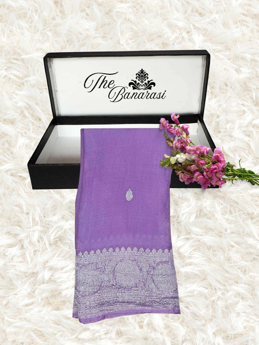 Elegant Iris Purple Handcrafted Khaddi Georgette Banarasi Saree with Silver Zari Work - Partial View
