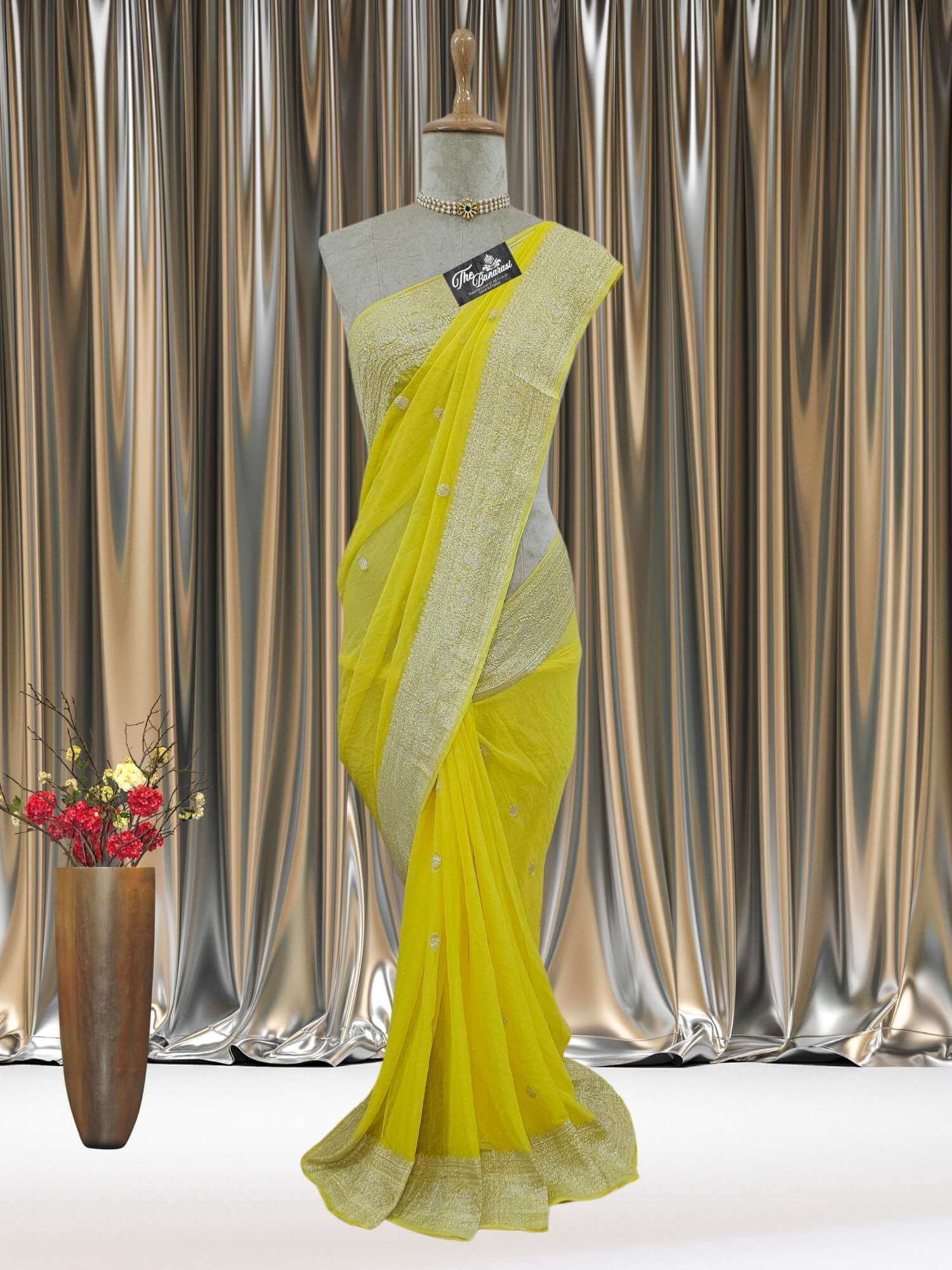 Mannequin wearing Elegant Canary Yellow Handcrafted Khaddi Georgette Banarasi Saree with Silver Zari Work - Full View