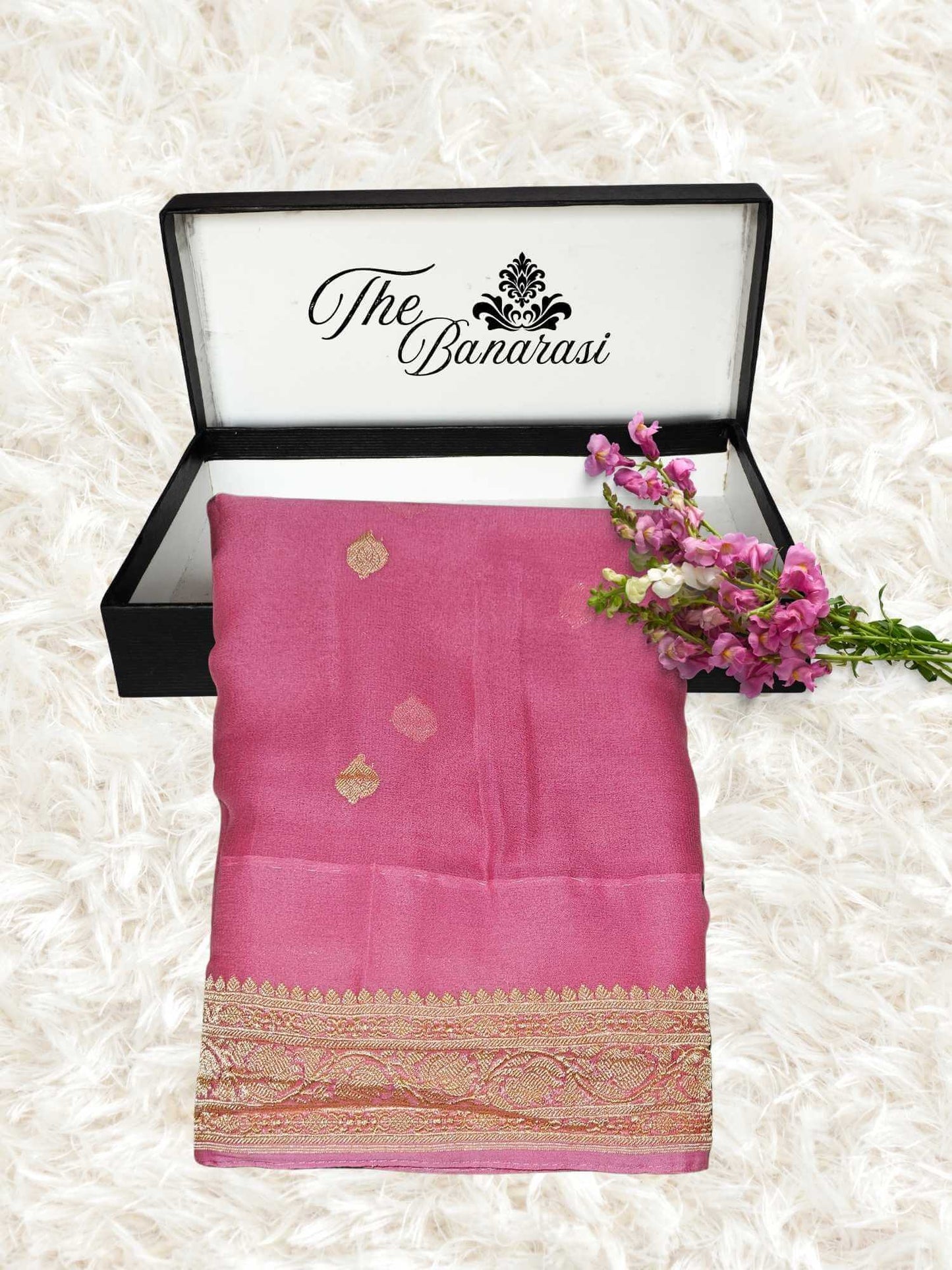 Elegant Strawberry Pink Handcrafted Khaddi Georgette Banarasi Saree with Silver Zari Work - Partial View