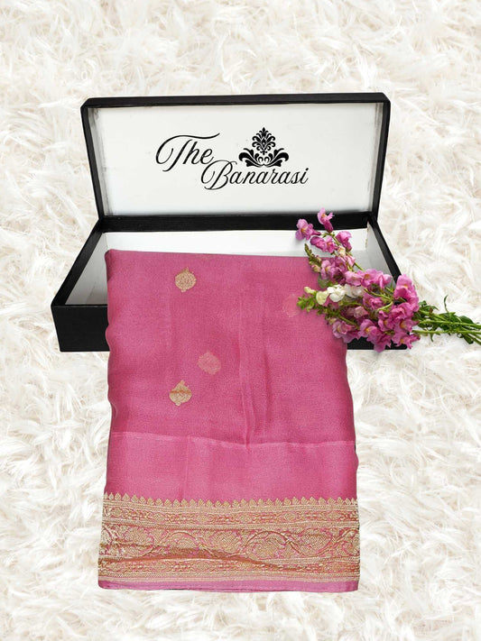 Elegant Strawberry Pink Handcrafted Khaddi Georgette Banarasi Saree with Silver Zari Work - Partial View