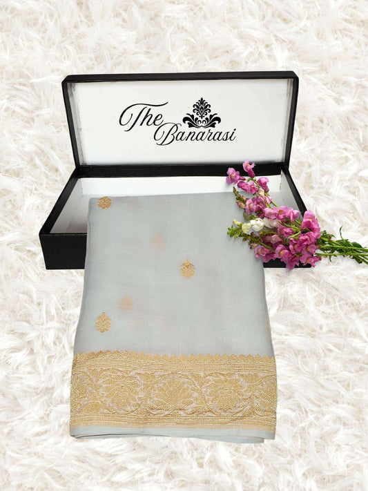 Elegant White Handcrafted Khaddi Georgette Banarasi Saree with Silver Zari Work - Partial View