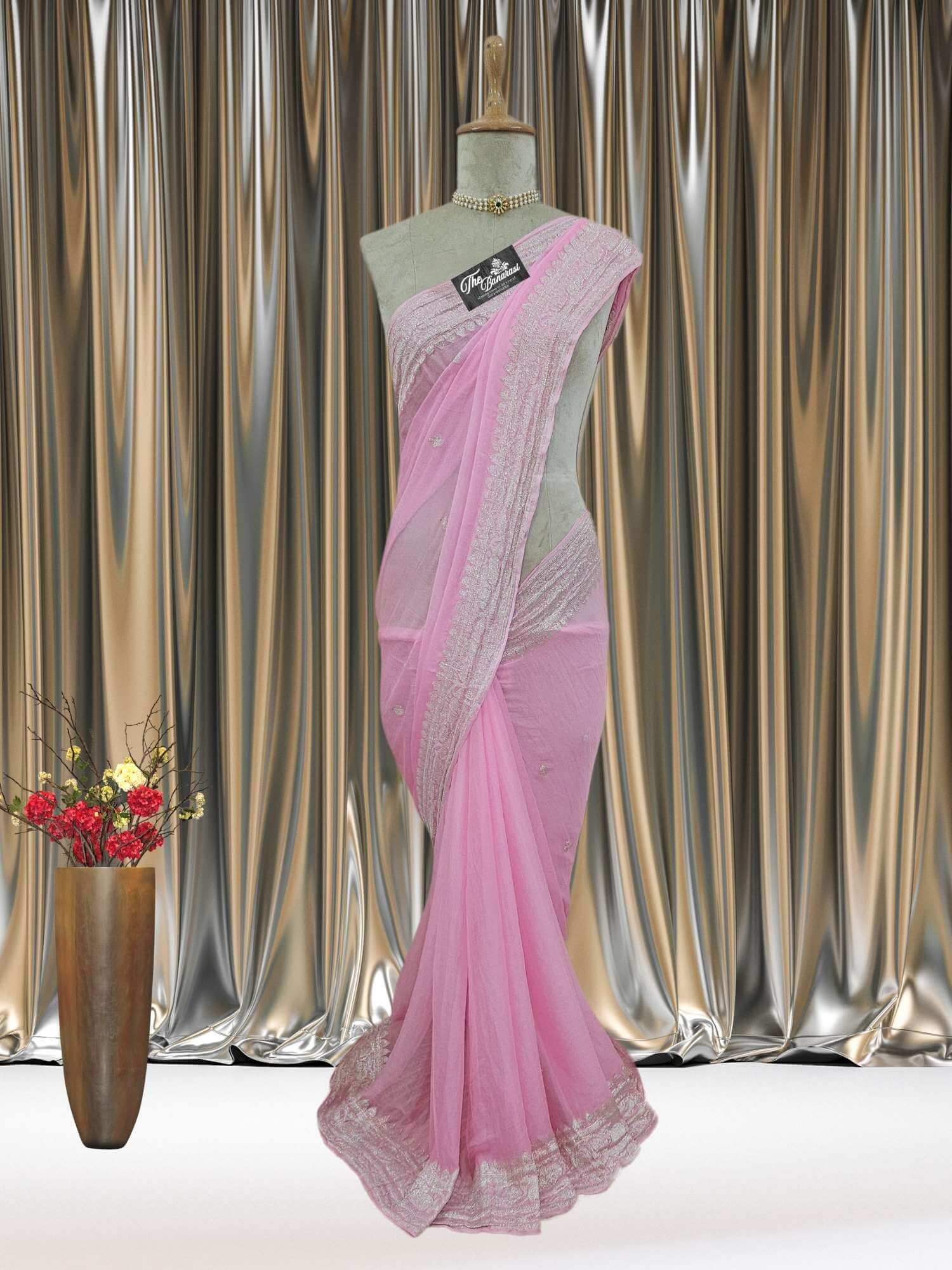 Mannequin wearing Elegant Blush Pink Handcrafted Khaddi Georgette Banarasi Saree with Silver Zari Work - Full View