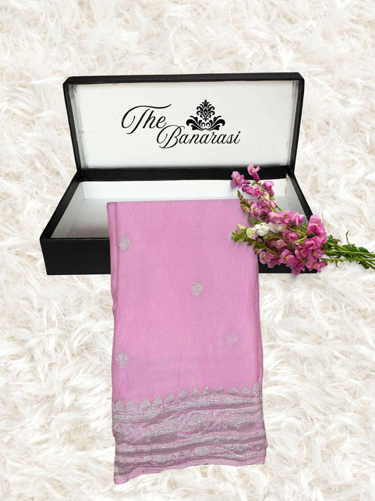 Elegant Blush Pink Handcrafted Khaddi Georgette Banarasi Saree with Silver Zari Work - Partial View
