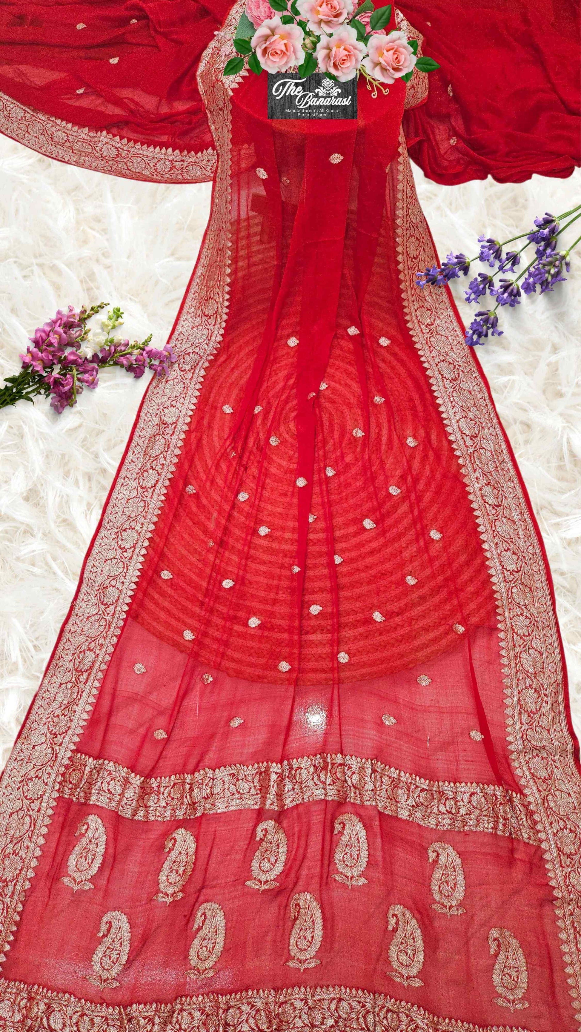 Elegant Red Handcrafted Khaddi Georgette Banarasi Saree with Silver Zari Work - Full View