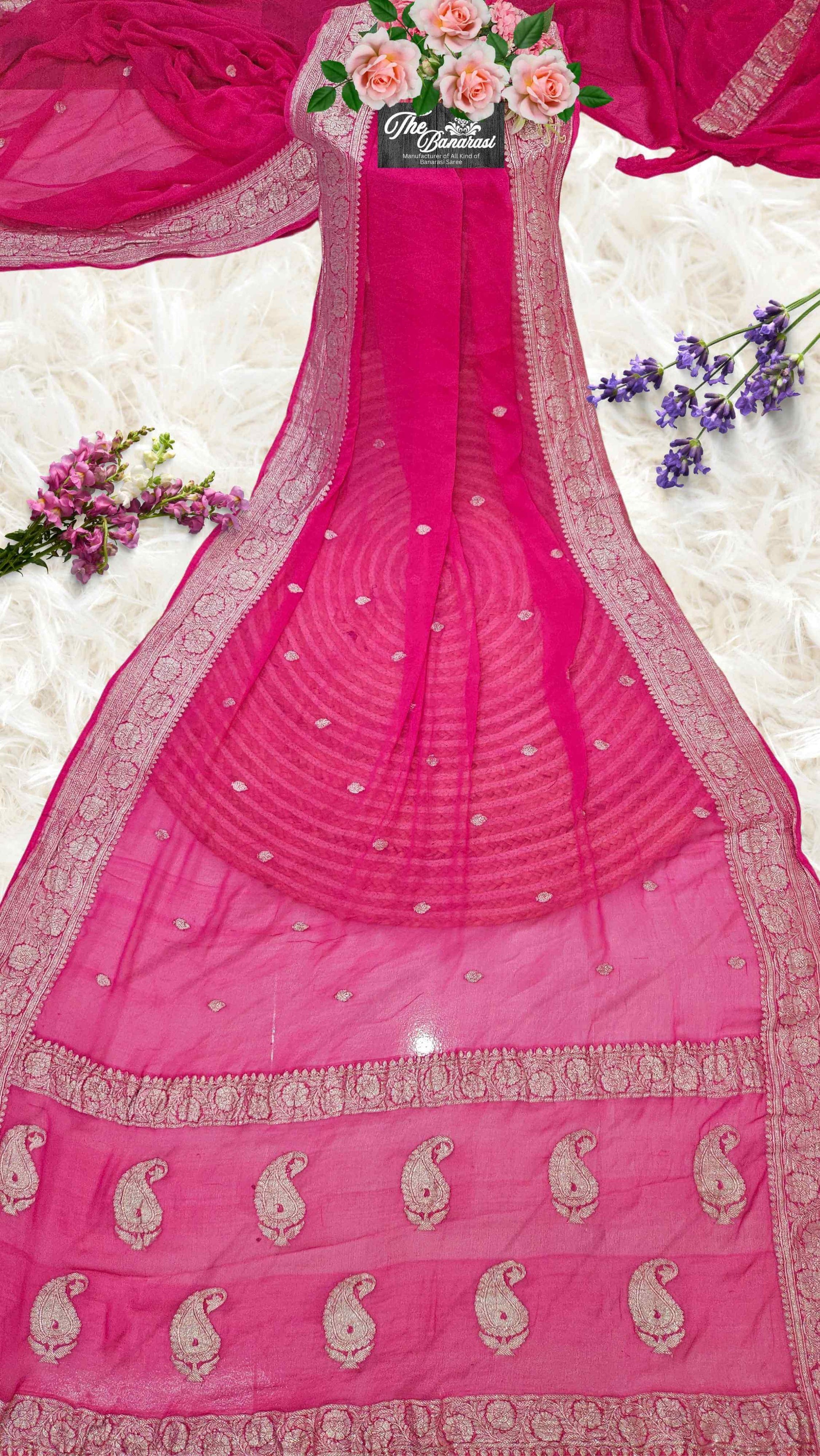 Elegant Bright Pink Handcrafted Khaddi Georgette Banarasi Saree with Silver Zari Work - Full View