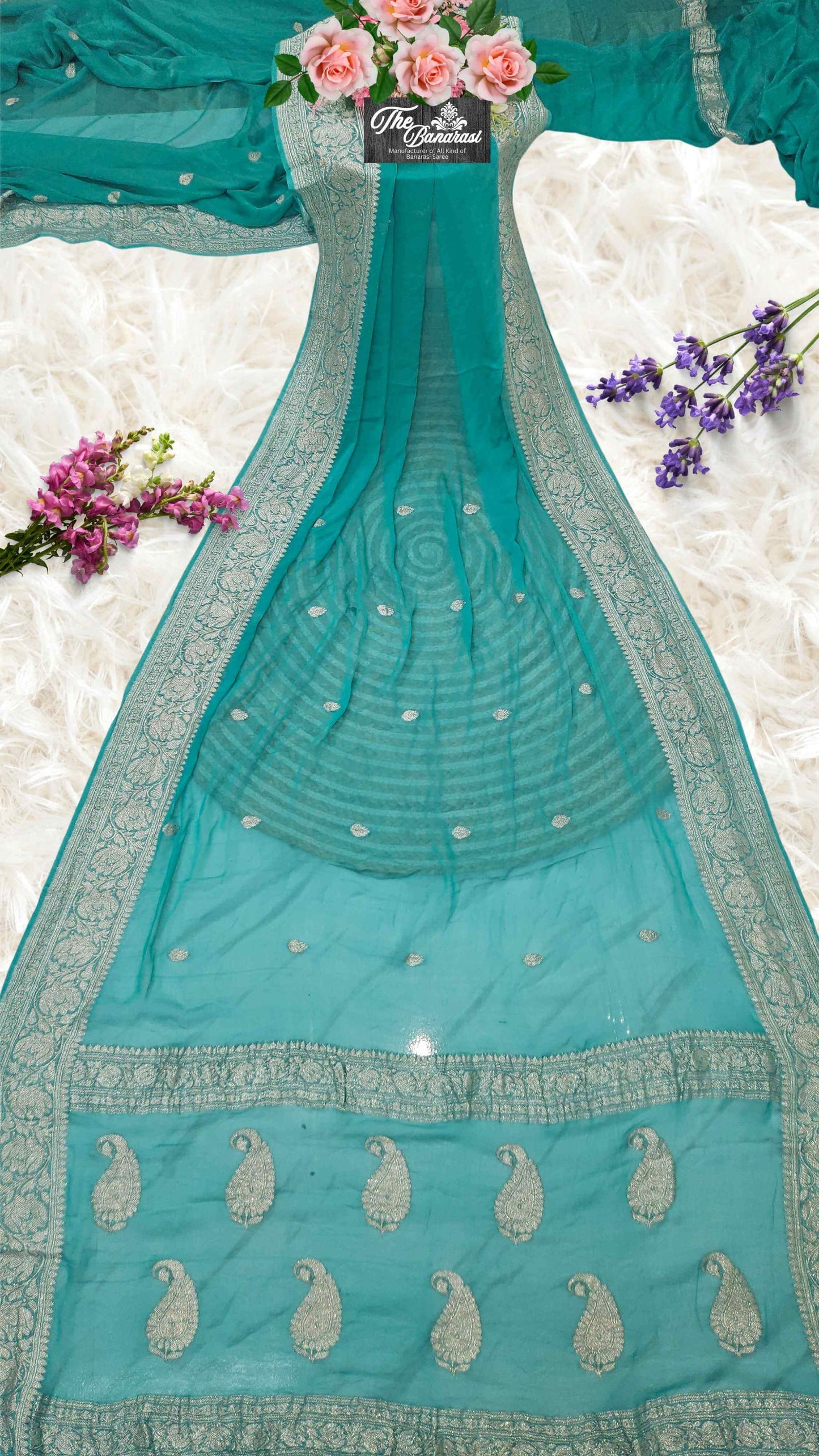 Elegant Sky Blue Handcrafted Khaddi Georgette Banarasi Saree with Silver Zari Work - Full View
