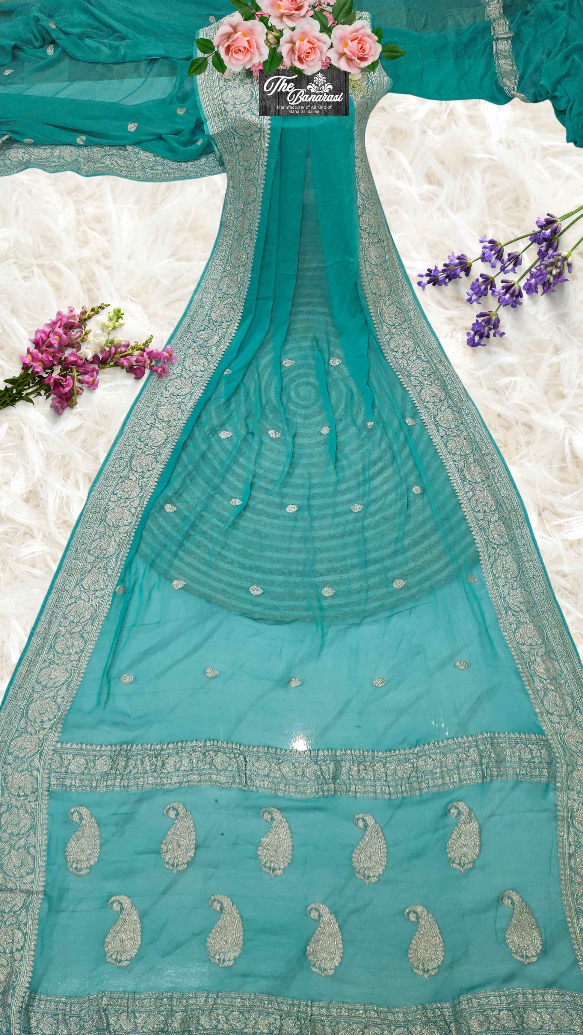 Elegant Sky Blue Handcrafted Khaddi Georgette Banarasi Saree with Silver Zari Work - Full View