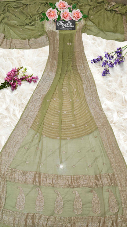 Elegant Mehndi Green Handcrafted Khaddi Georgette Banarasi Saree with Silver Zari Work - Full View
