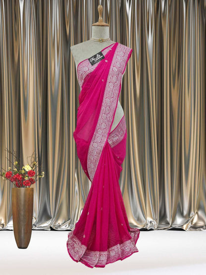 Mannequin wearing Elegant Bright Pink Handcrafted Khaddi Georgette Banarasi Saree with Silver Zari Work - Full View