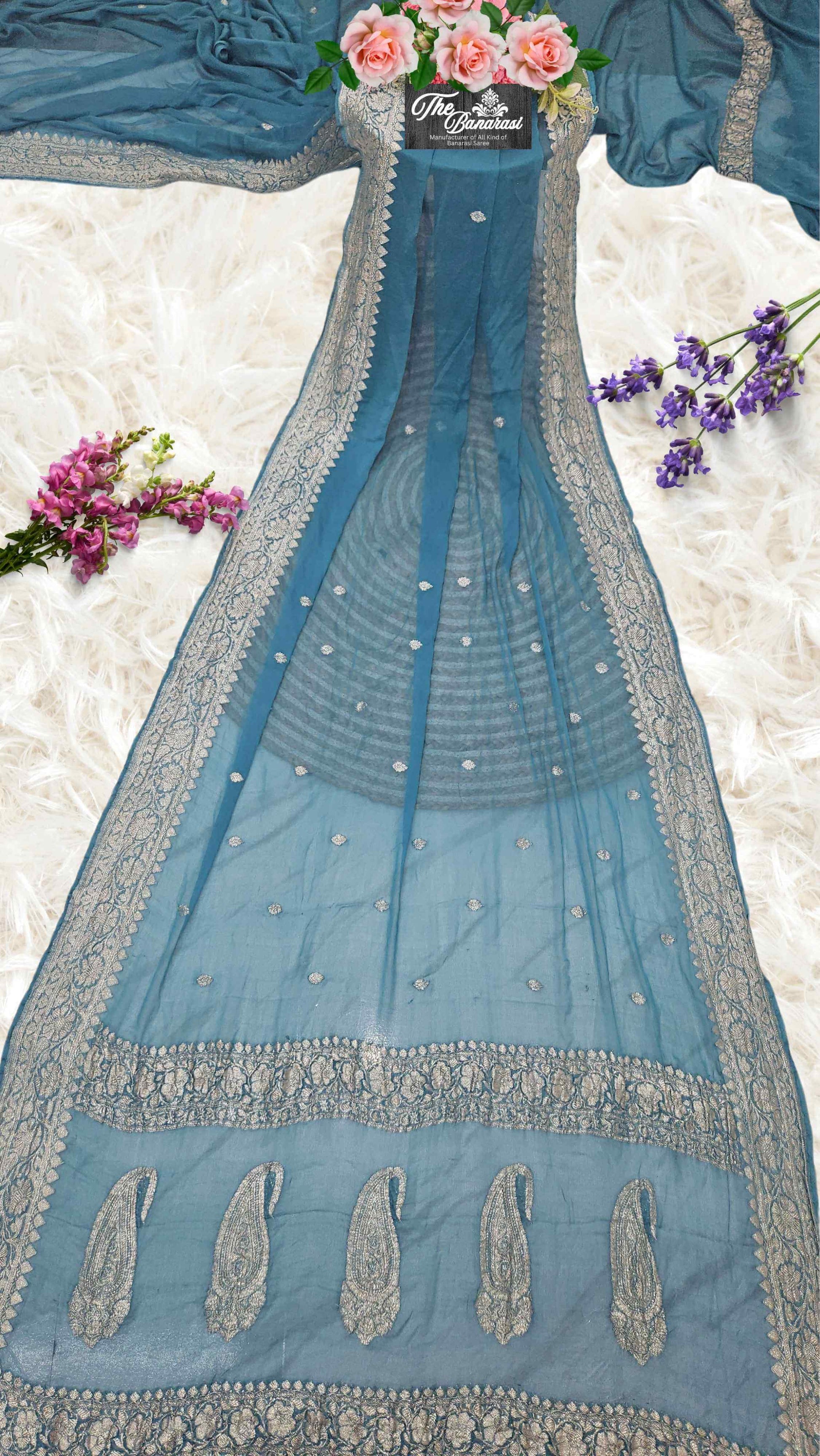 Elegant Arure Blue Handcrafted Khaddi Georgette Banarasi Saree with Silver Zari Work - Full View