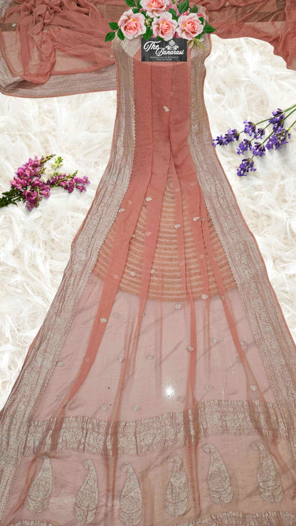 Elegant Peach Handcrafted Khaddi Georgette Banarasi Saree with Silver Zari Work - Full View