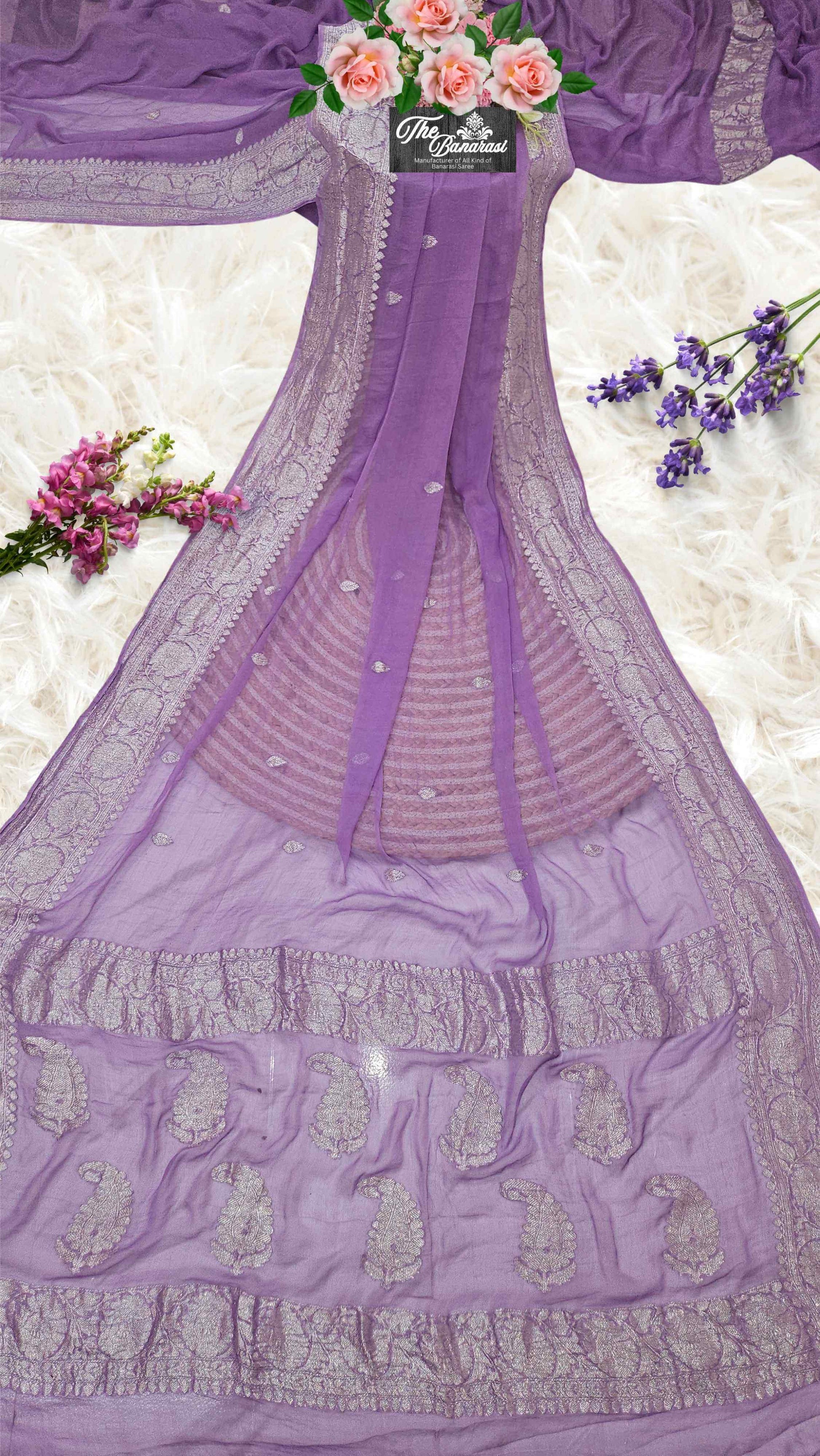Elegant Iris Purple Handcrafted Khaddi Georgette Banarasi Saree with Silver Zari Work - Full View