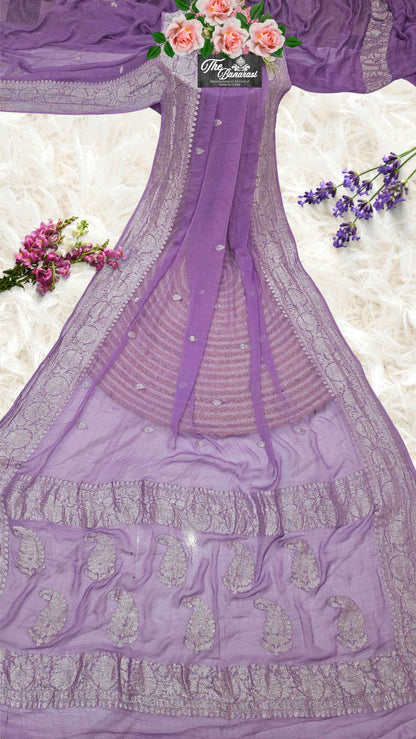 Elegant Iris Purple Handcrafted Khaddi Georgette Banarasi Saree with Silver Zari Work - Full View