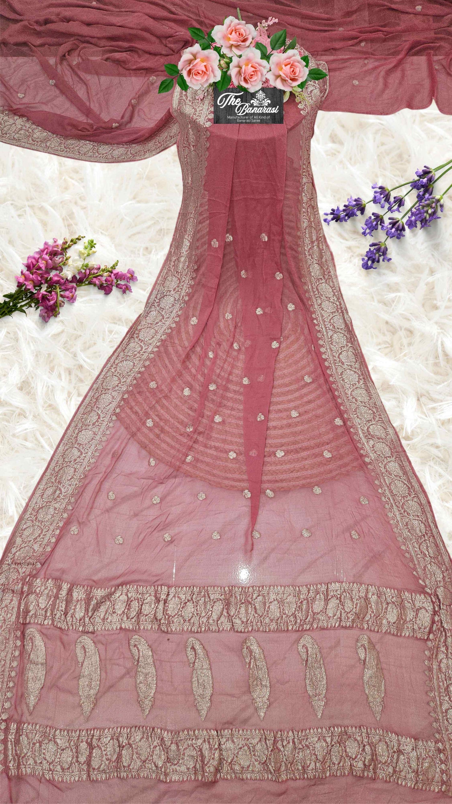 Elegant Rouge Pink Handcrafted Khaddi Georgette Banarasi Saree with Silver Zari Work - Full View