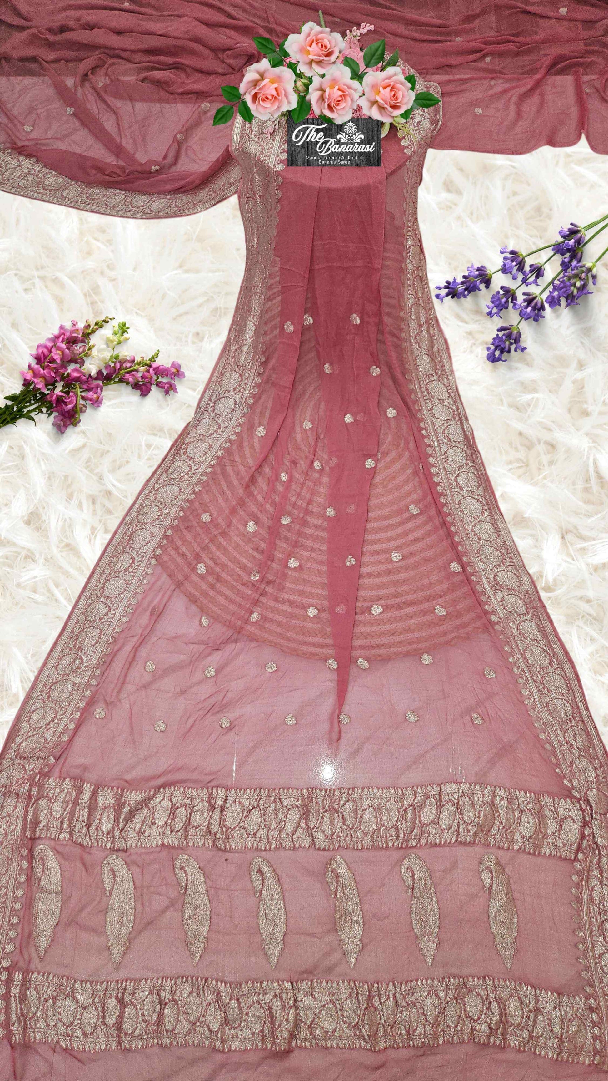 Elegant Rouge Pink Handcrafted Khaddi Georgette Banarasi Saree with Silver Zari Work - Full View