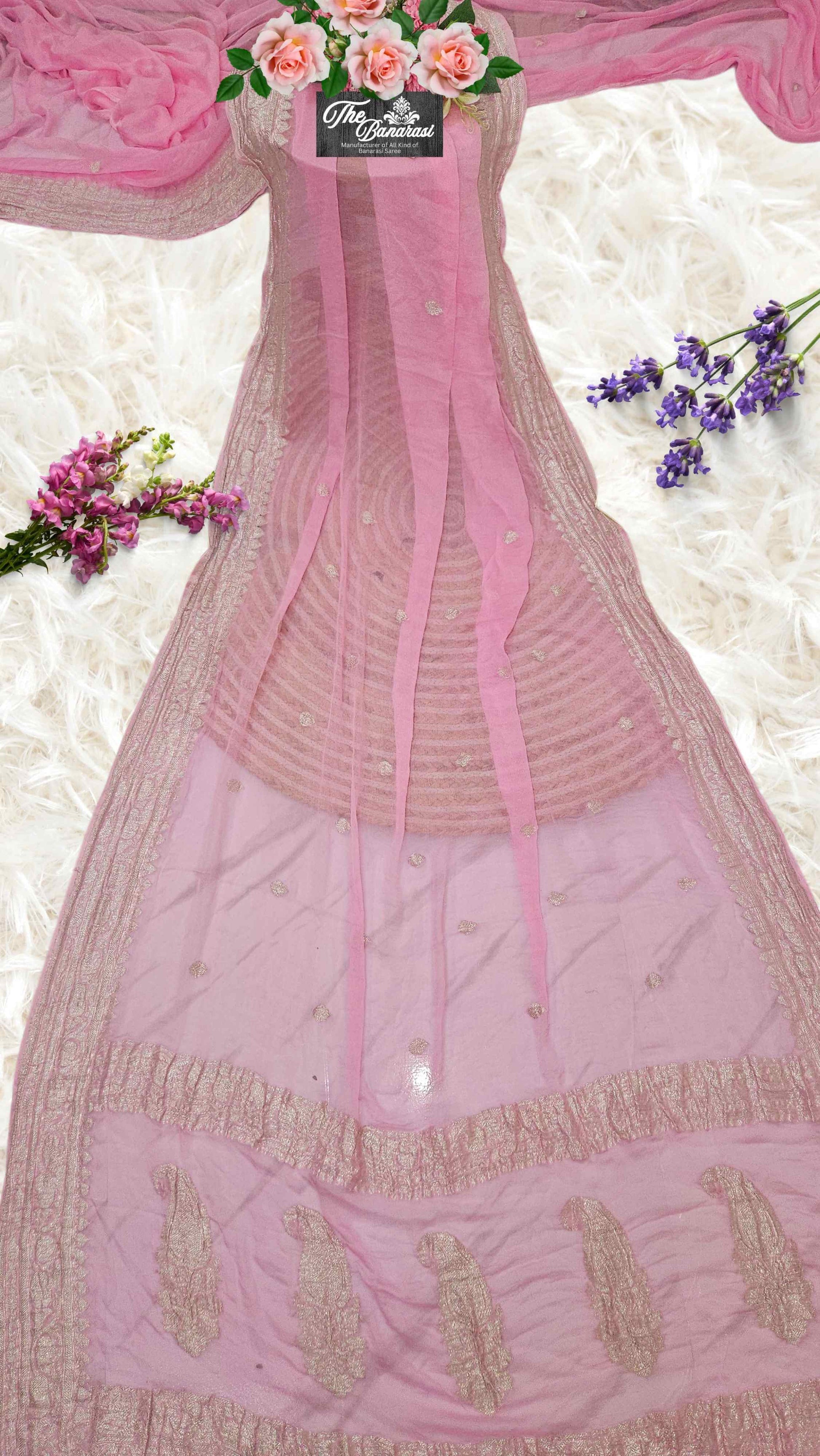 Elegant Blush Pink Handcrafted Khaddi Georgette Banarasi Saree with Silver Zari Work - Full View