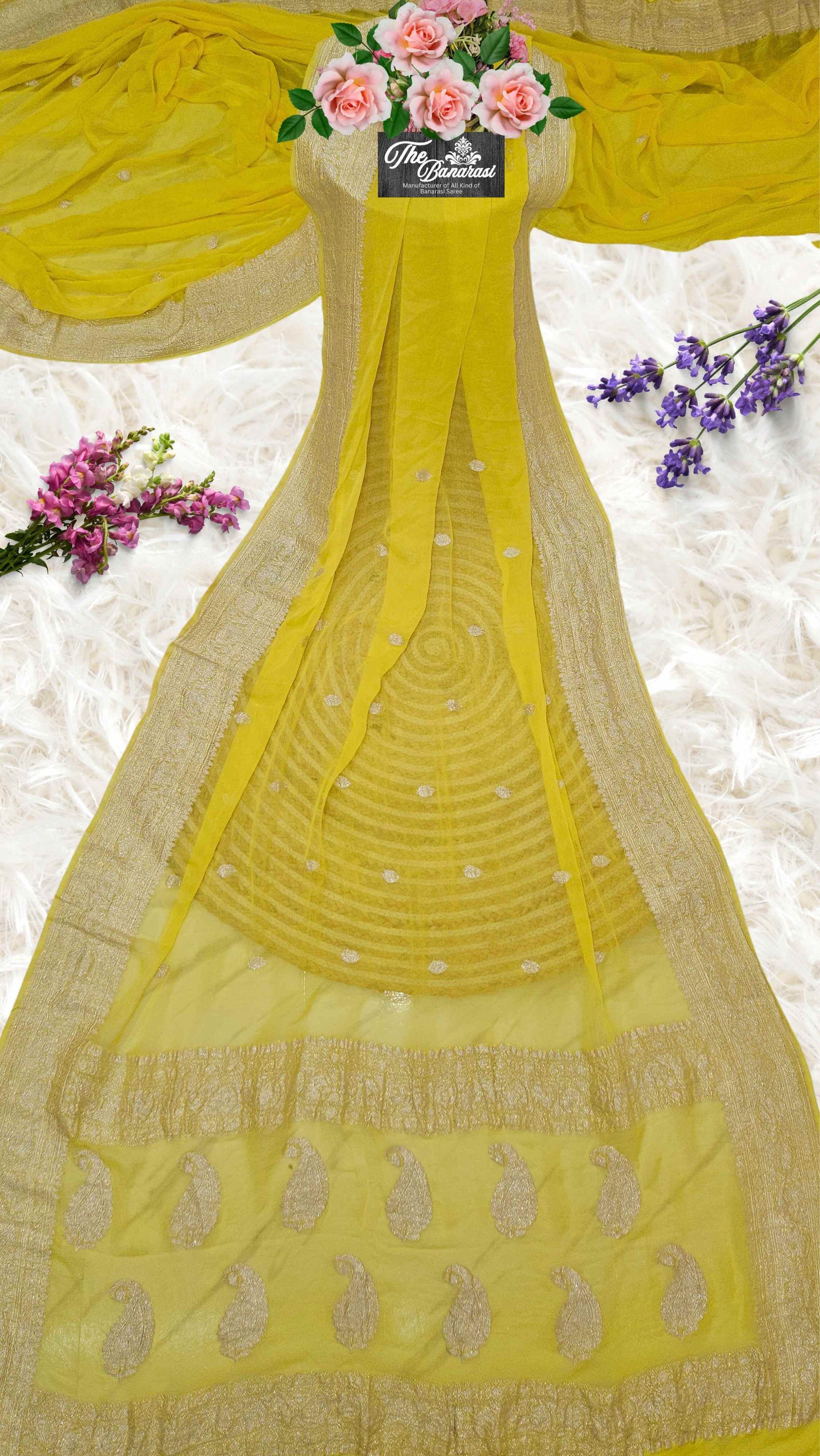 Elegant Canary Yellow Handcrafted Khaddi Georgette Banarasi Saree with Silver Zari Work - Full View