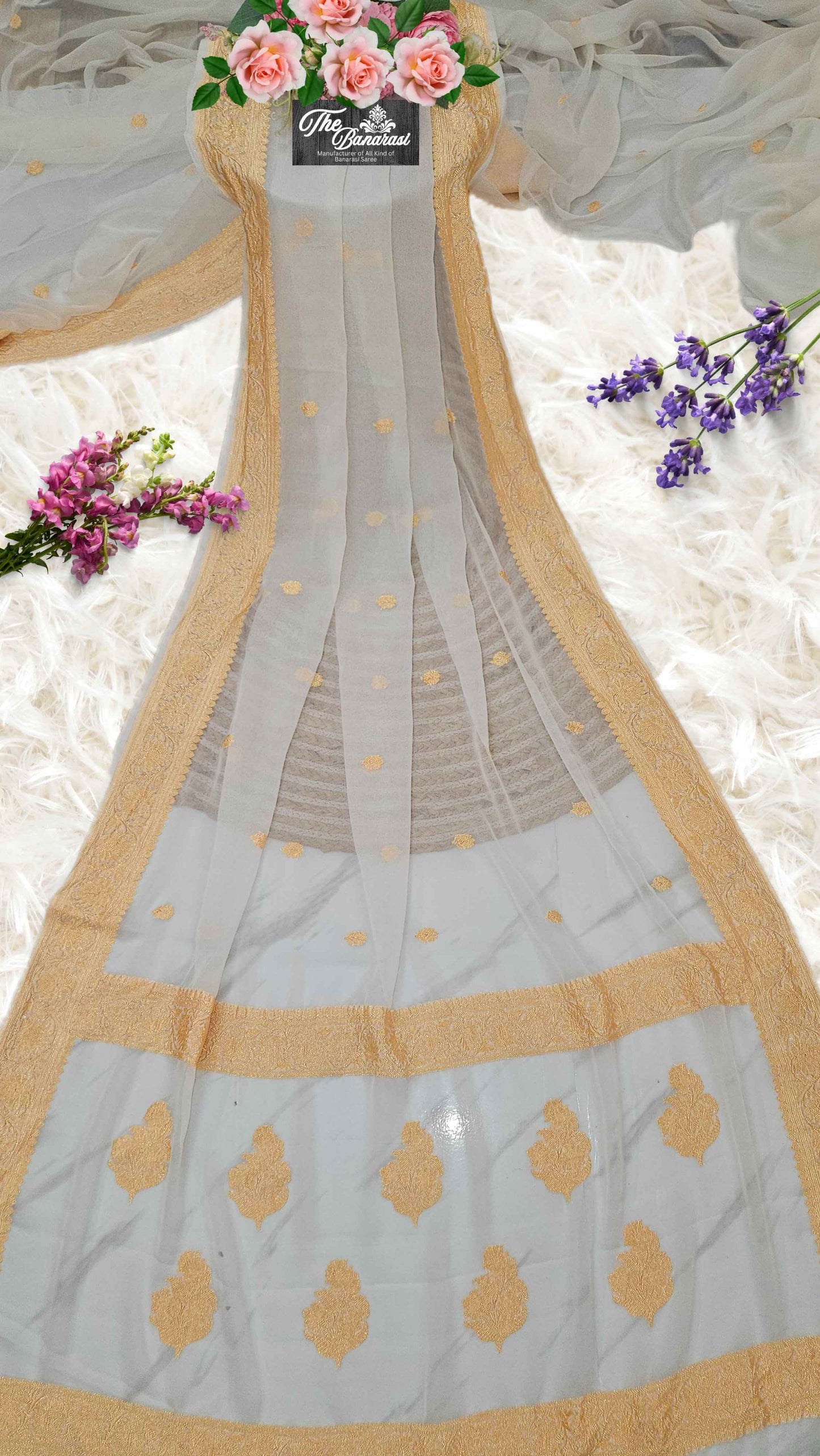 Elegant White Handcrafted Khaddi Georgette Banarasi Saree with Silver Zari Work - Full View