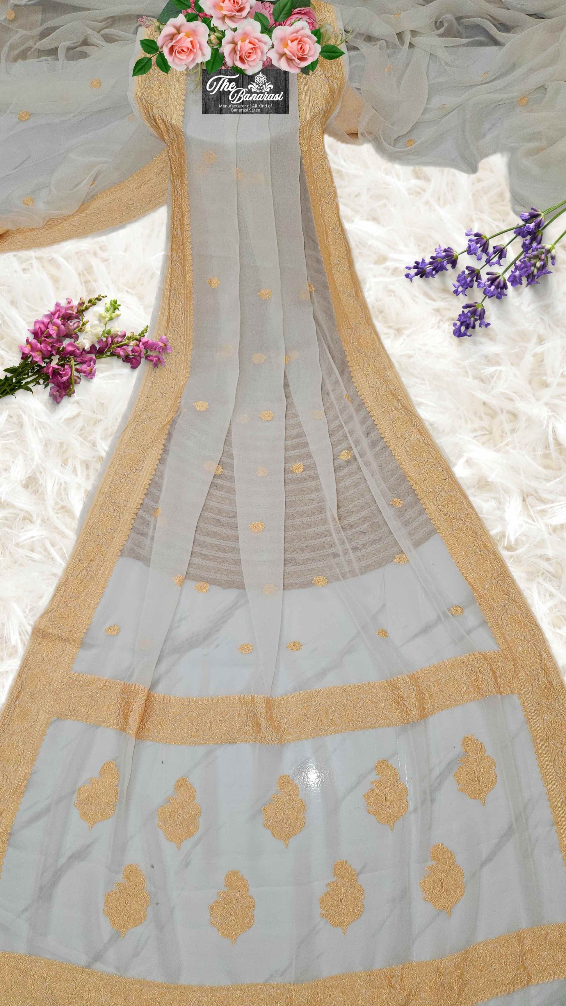Elegant White Handcrafted Khaddi Georgette Banarasi Saree with Silver Zari Work - Full View