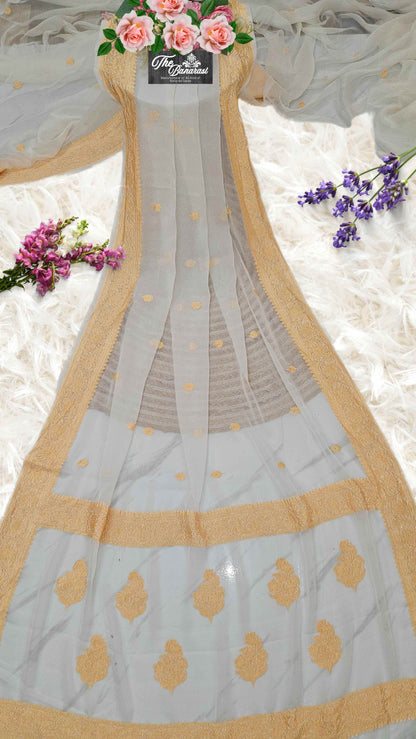 Elegant White Handcrafted Khaddi Georgette Banarasi Saree with Silver Zari Work - Full View