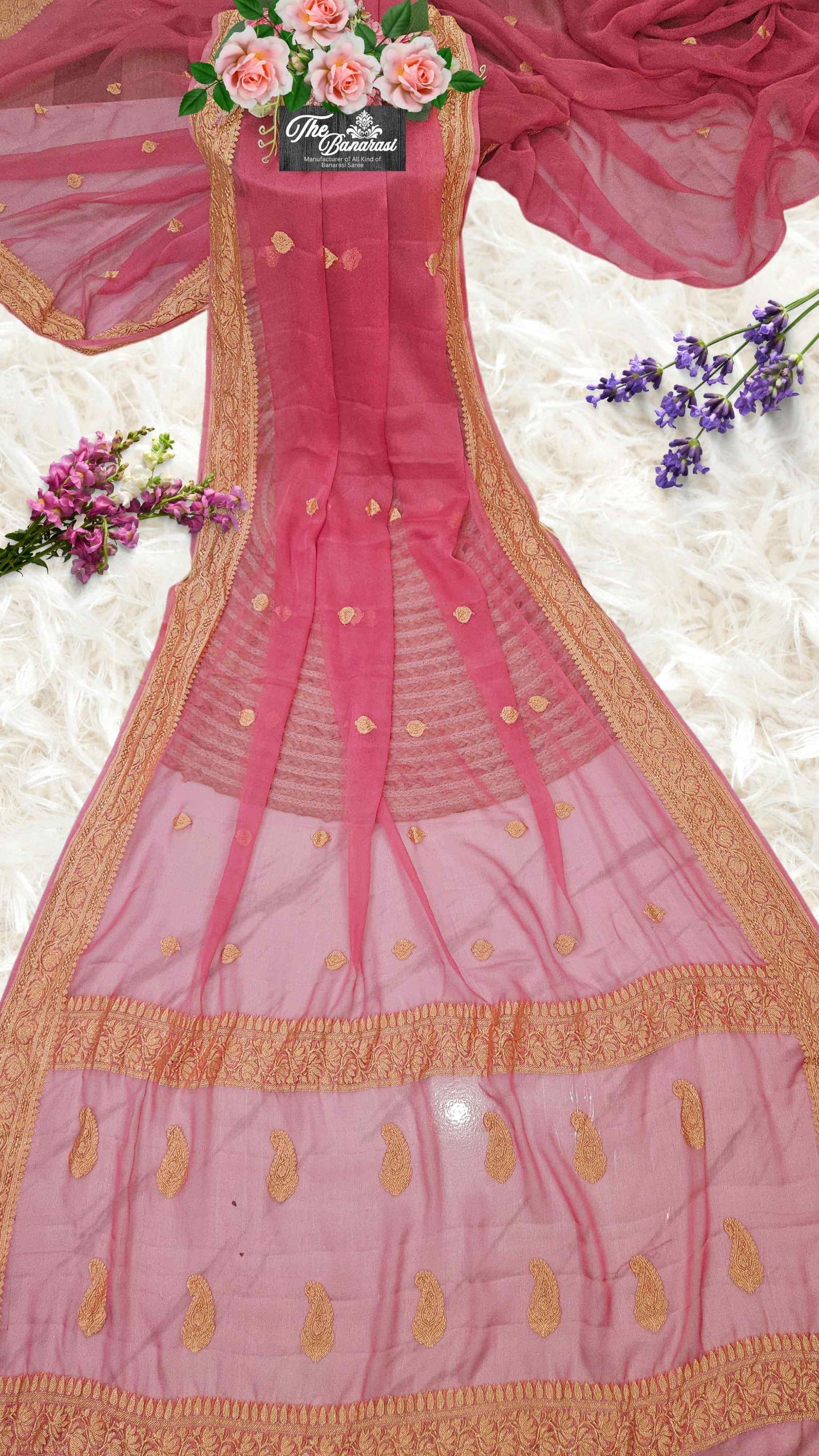 Elegant Strawberry Pink Handcrafted Khaddi Georgette Banarasi Saree with Silver Zari Work - Full View