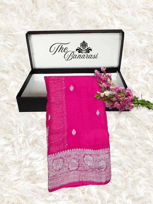 Elegant Bright Pink Handcrafted Khaddi Georgette Banarasi Saree with Silver Zari Work - Partial View