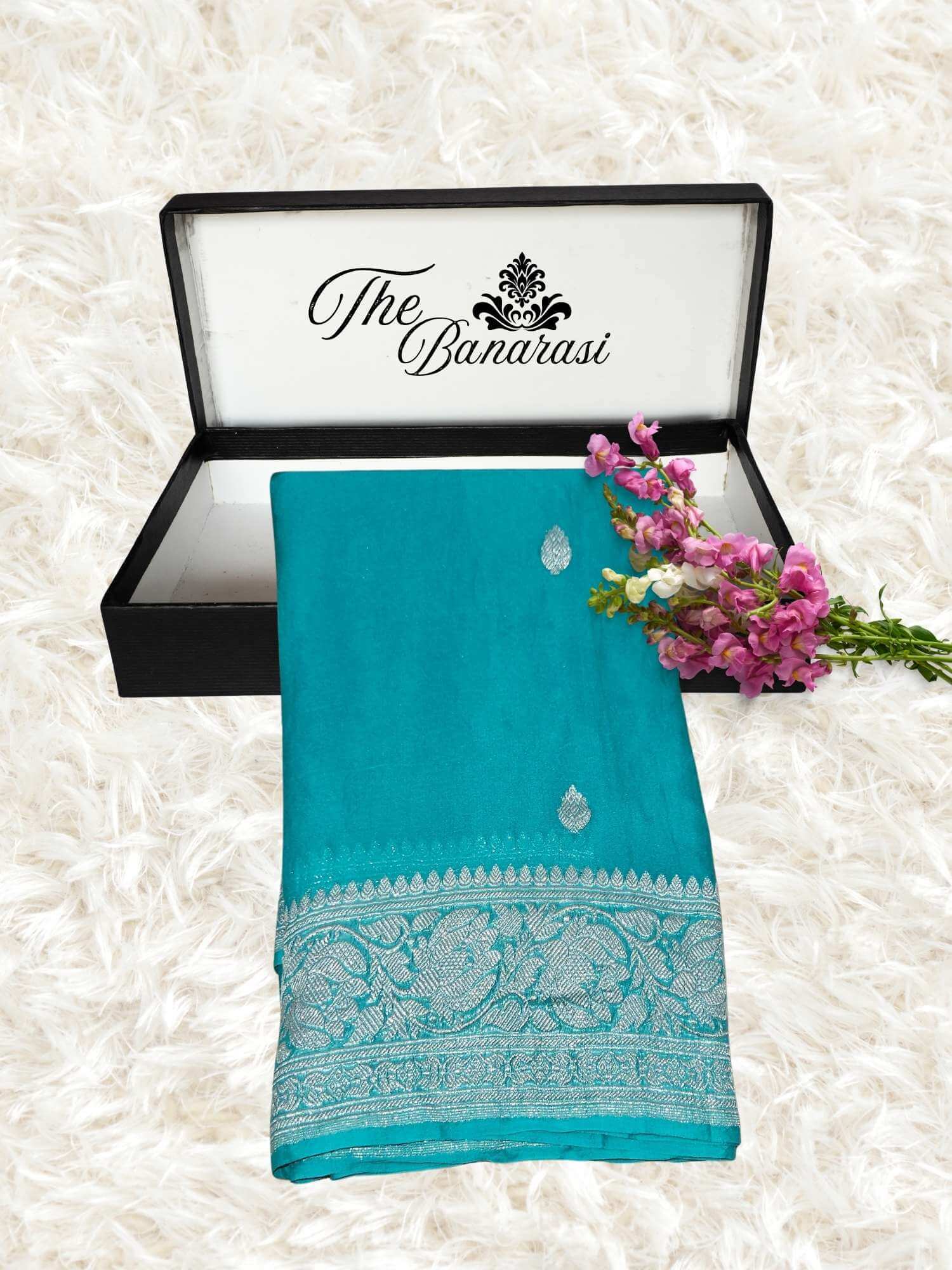 Elegant Sky Blue Handcrafted Khaddi Georgette Banarasi Saree with Silver Zari Work - Partial View
