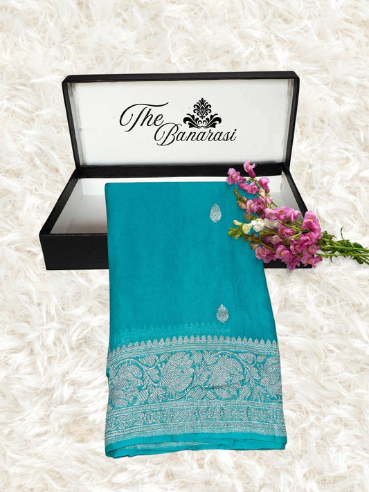 Elegant Sky Blue Handcrafted Khaddi Georgette Banarasi Saree with Silver Zari Work - Partial View