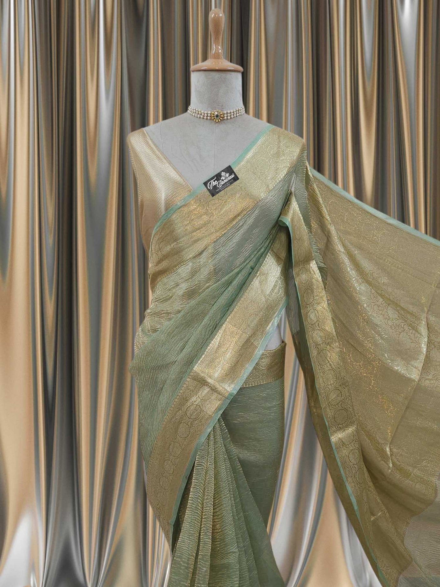Close-up of Luxury Mint green Handwoven Banarasi Tissue Silk Saree