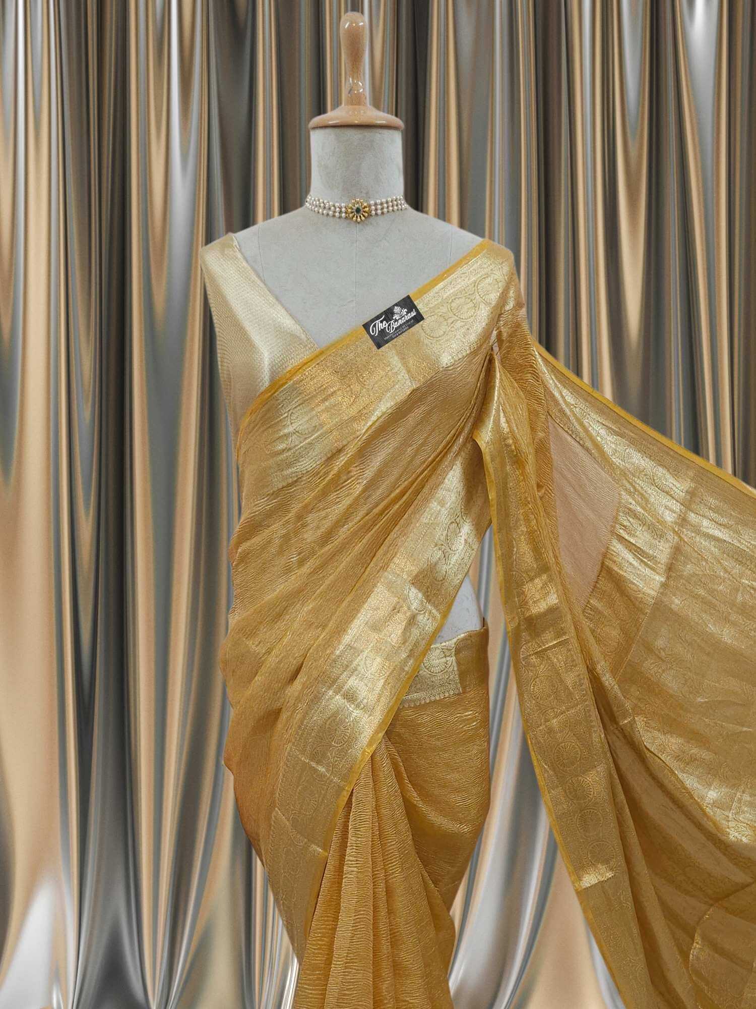 Close-up of Luxury Tuscan Sun Handwoven Banarasi Tissue Silk Saree