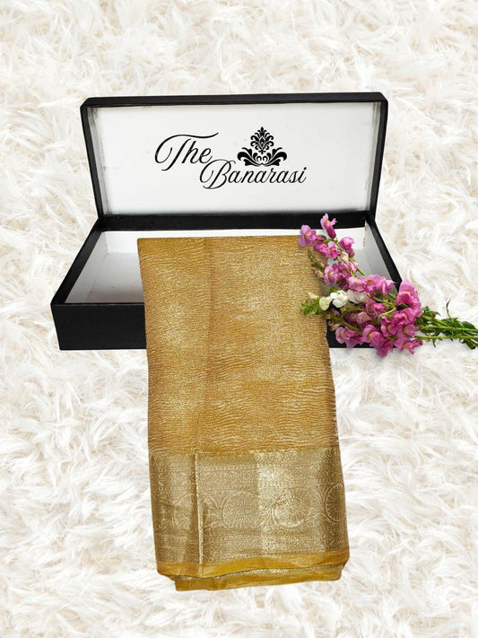 Luxury Tuscan Sun Handwoven Banarasi Tissue Silk Saree - Partial View